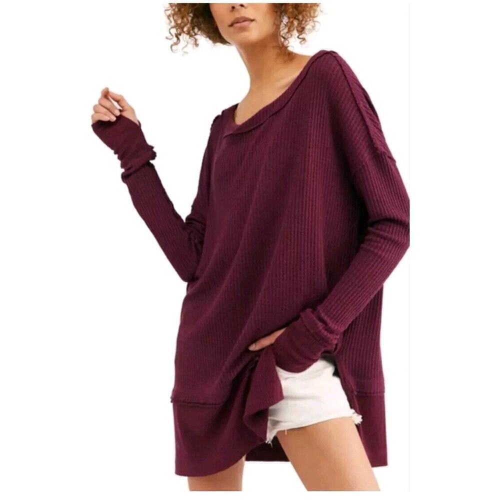 Free People North Shore Thermal Top Womens XS Waffle Knit Burgundy OB 101357
